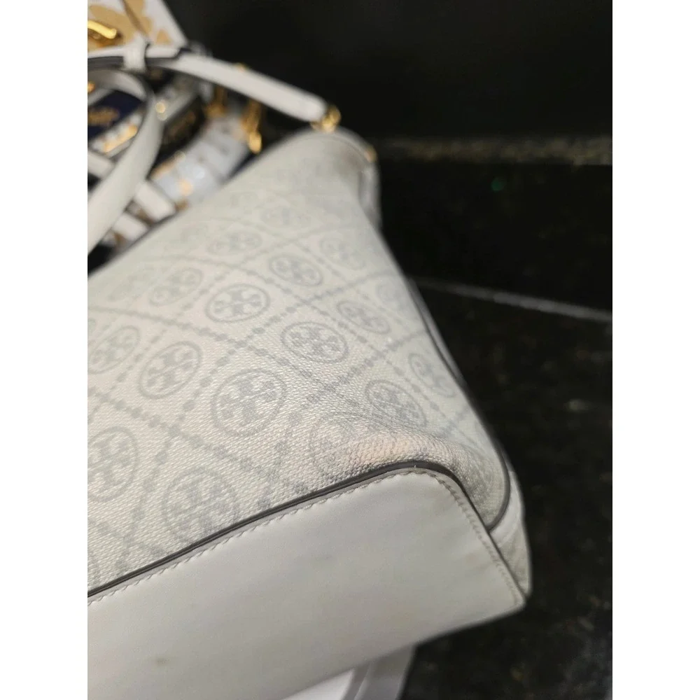 Tory Burch T Monogram Coated Canvas Tote White Gray Logo Crossbody Bag Luxury